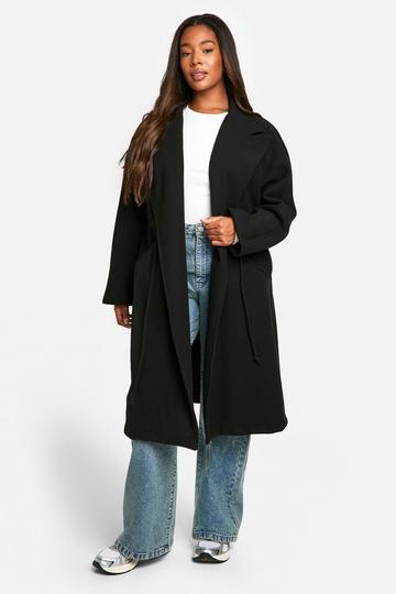 Plus Drawstring Waist Wool Look Coat black