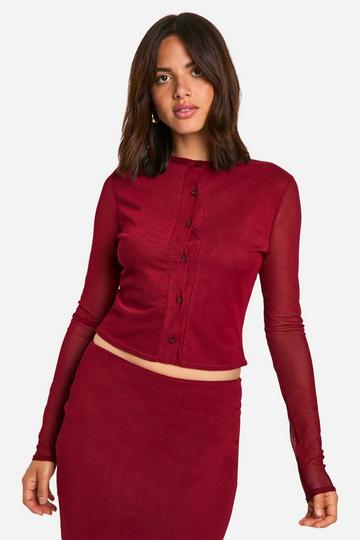 Burgundy Red Mesh Long Sleeve Cardigan