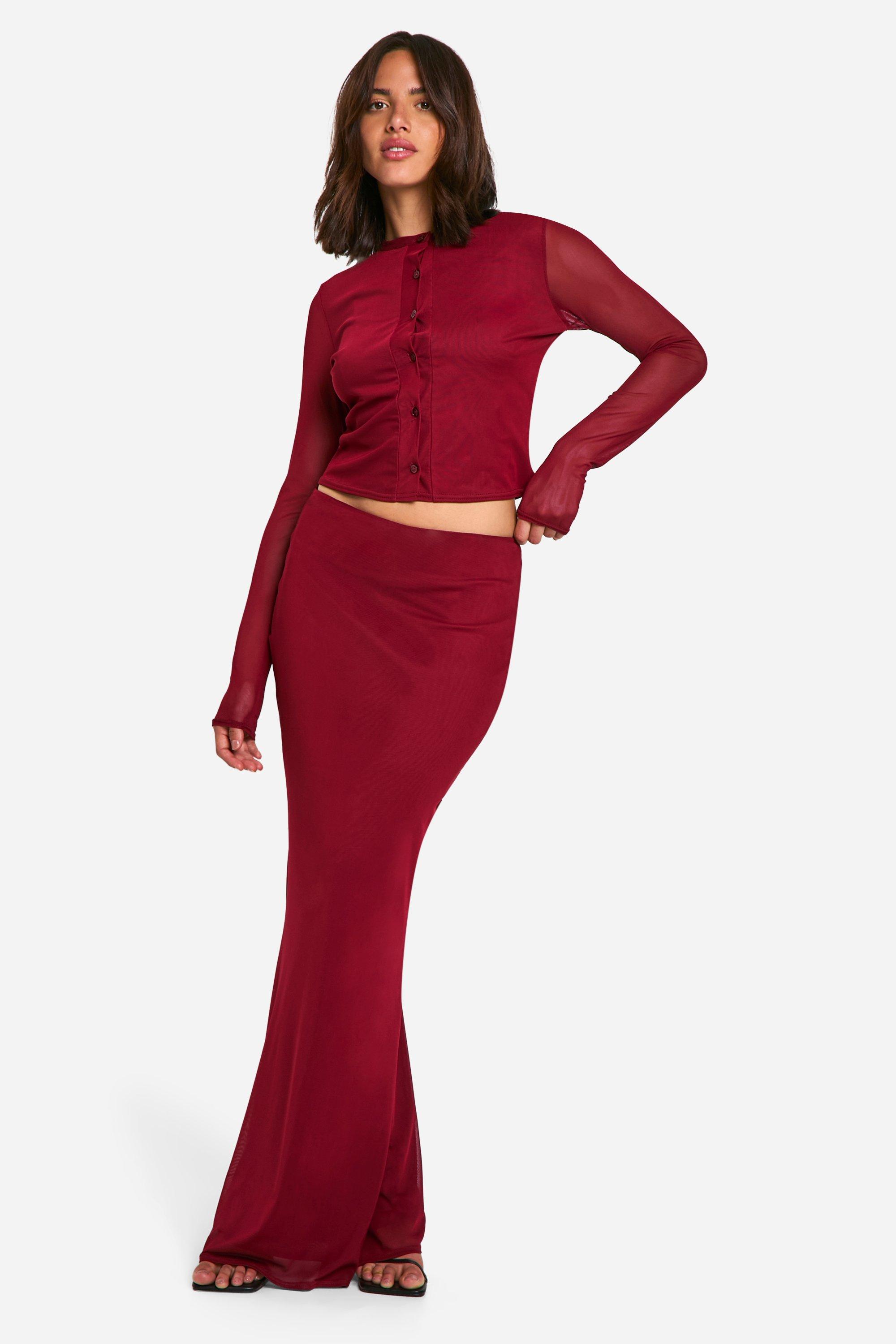 Burgundy Mesh Maxi Skirt