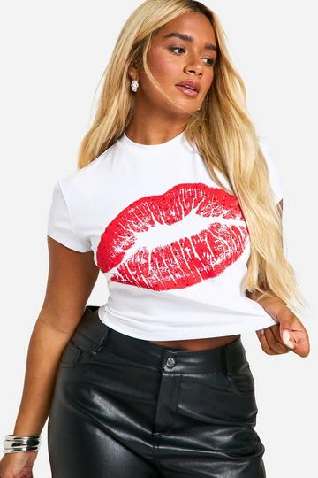 Plus Rhinestone Lips Cap Sleeve T-Shirt white