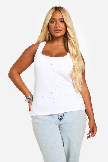 White Plus Rhinestone Rib Tank Top