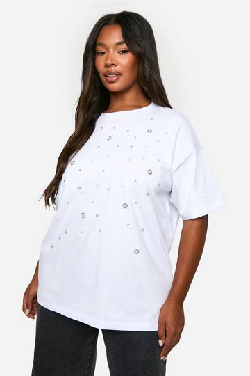 Plus Pearl And Rhinestone Oversized T-Shirt white