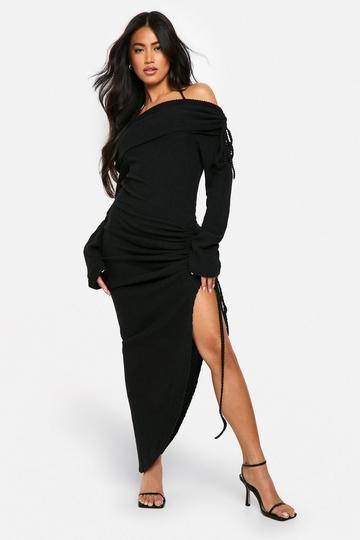 Off Shoulder Rib Ruched Maxi Dress natural black