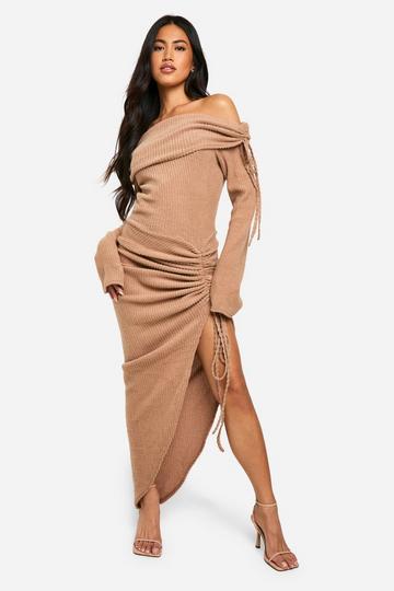 Off Shoulder Rib Ruched Maxi Dress mocha