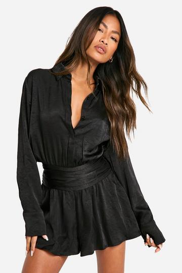 Crinkle Satin Shirt Playsuit black