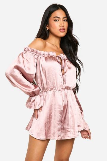 Blush Pink Bardot Ruched Satin Playsuit