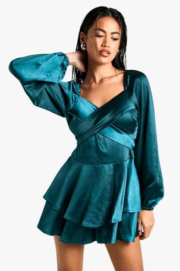 Satin Wrap Front Playsuit teal