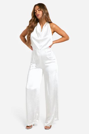 Satin High Cowl Backless Jumpsuit white