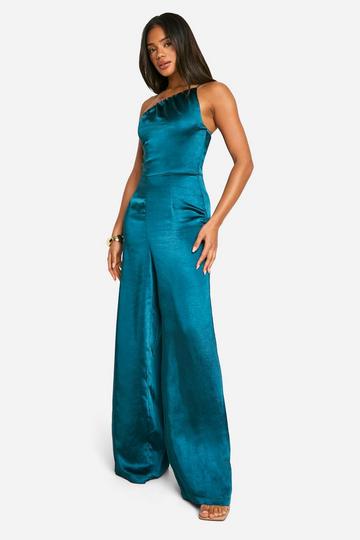 Teal Green Satin One Shoulder Wide Leg Jumpsuit