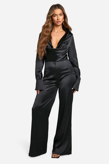 Cowl Satin Shirt Jumpsuit black