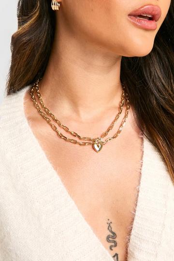 Gold Metallic Double Chain Heart Pendant Necklace