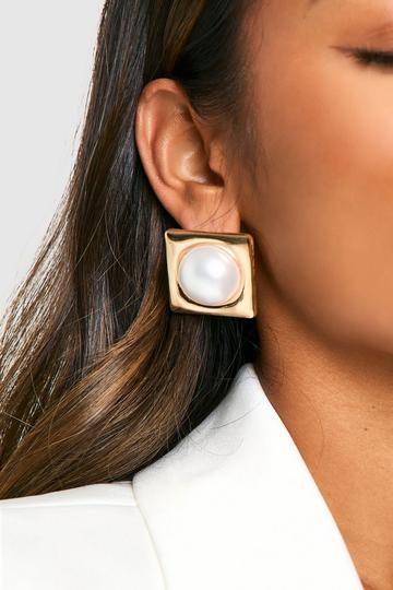 Large Pearl Square Statement Stud Earrings pearl