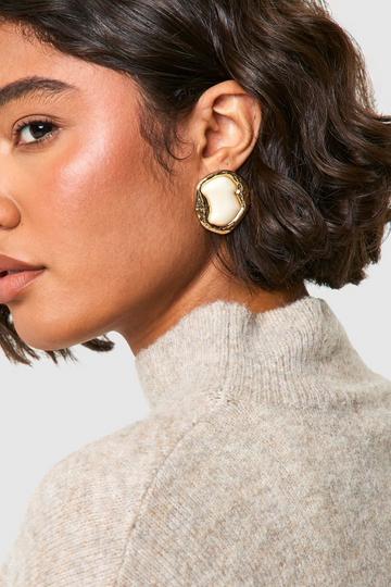 Gold Metallic Hammered Metal Stone Detail Statement Stud Earrings