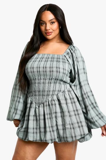 Blue Plus Checked Puff Ball Shirred Dress