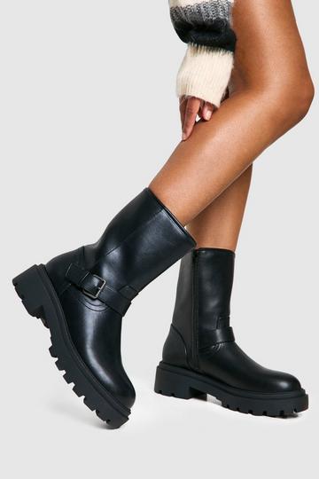 Biker Buckle Detail Chunky Ankle Boot black