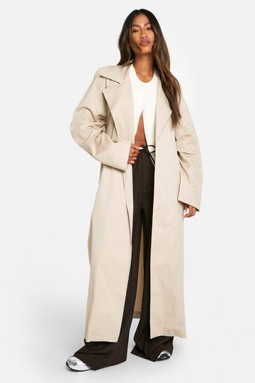 Stone Beige Shoulder Pad Maxi Belted Trench Coat