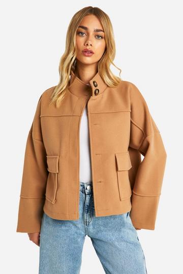 Wool Look Funnel Neck Jacket camel