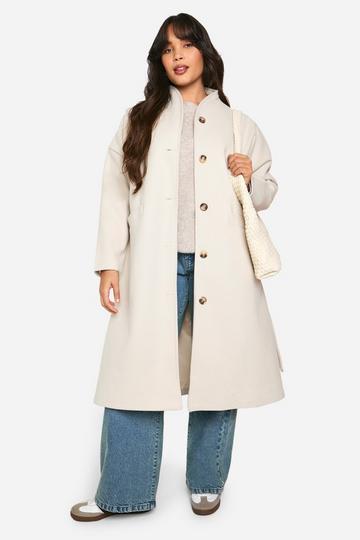 Collarless Wool Look Belted Coat stone