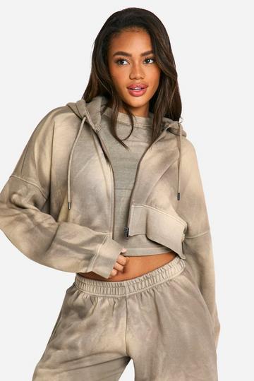 Sunbleach Wash Boxy Crop Zip Through Hoodie taupe