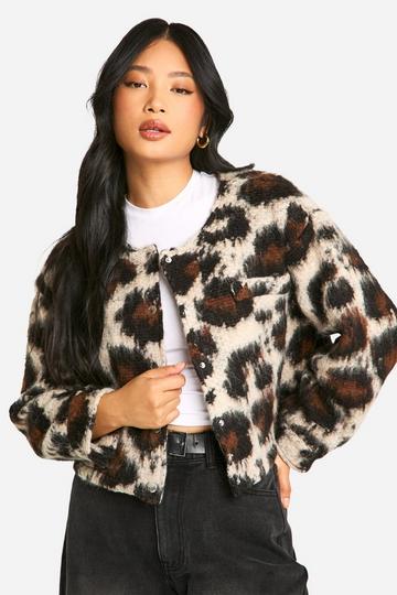 Petite Leopard Wool Look Bomber Jacket leopard