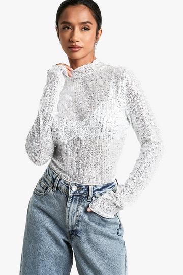 Petite Sequin High Neck Long Sleeved Top silver