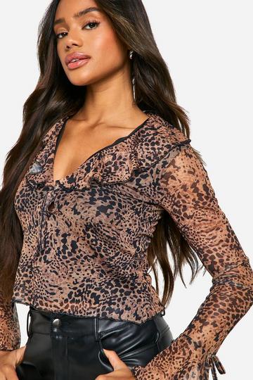 Printed Leopard Mesh Tie Front Frill Cardigan leopard