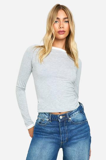 Jersey Contrast Binding Long Sleeve Top grey marl