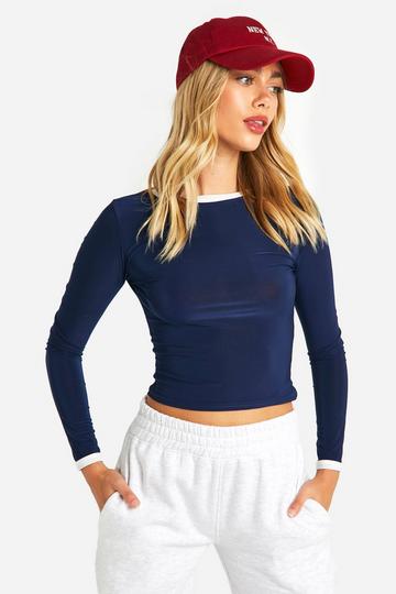 Slinky Contrast Binding Long Sleeve Top navy