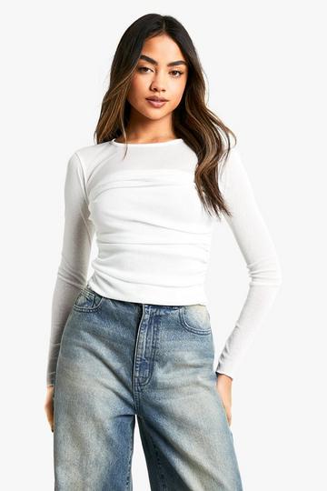 White Textured Mesh Ruched Front Long Sleeve Top