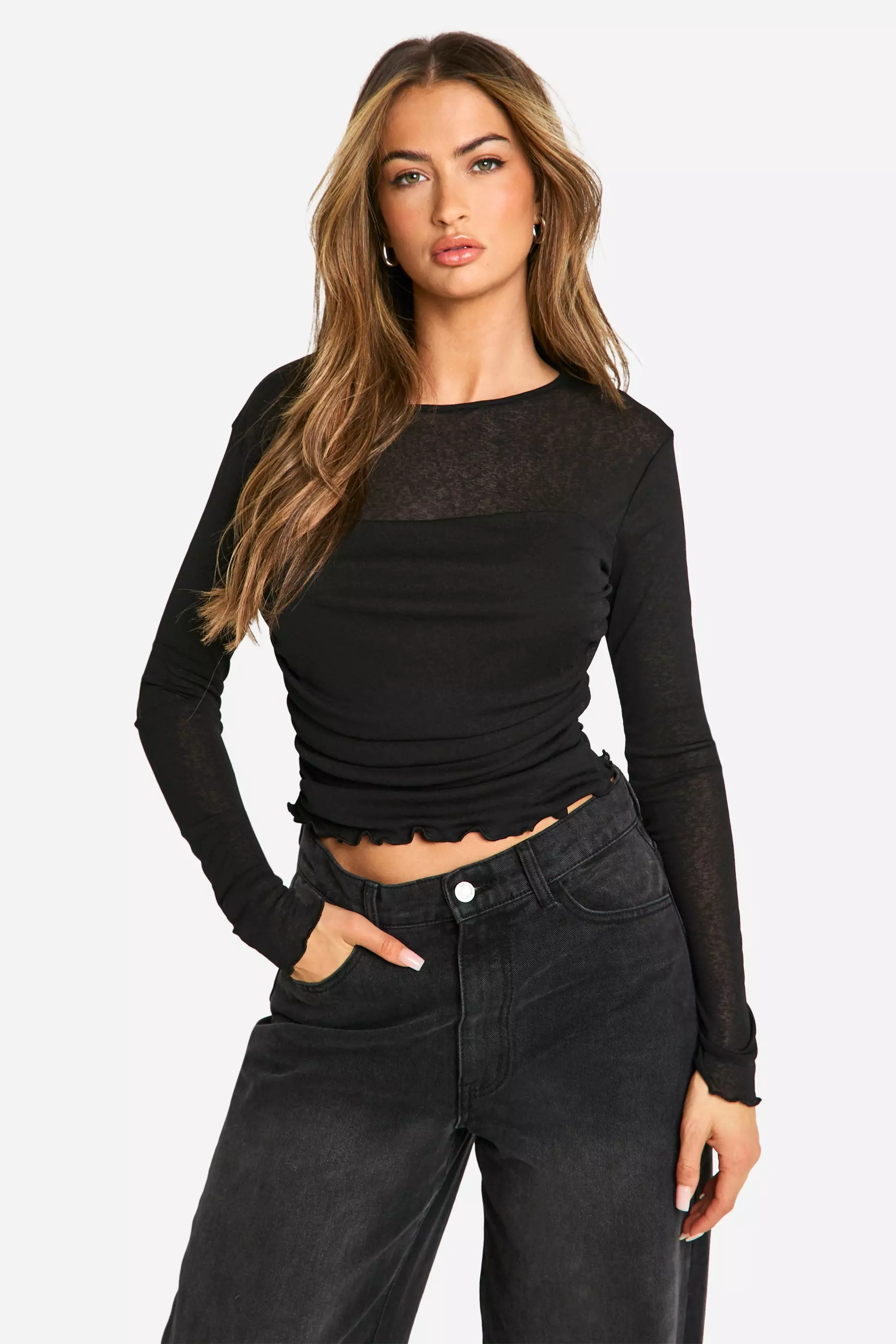 Black Textured Mesh Ruched Front Long Sleeve Top alternative image