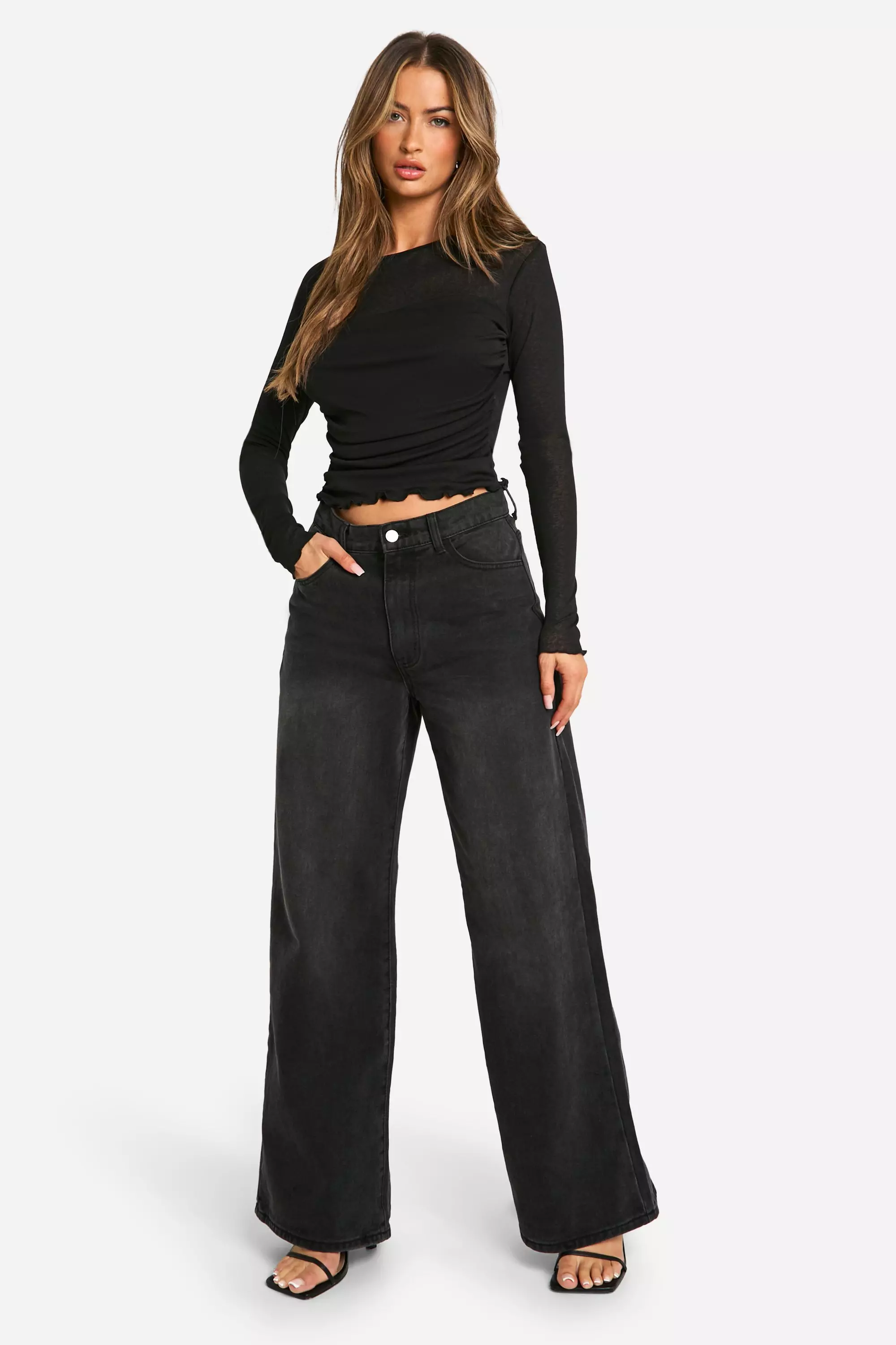 Black Textured Mesh Ruched Front Long Sleeve Top alternative image