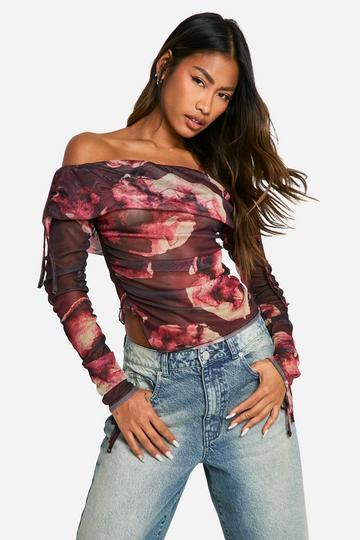 Printed Mesh One Shoulder Drape Top multi