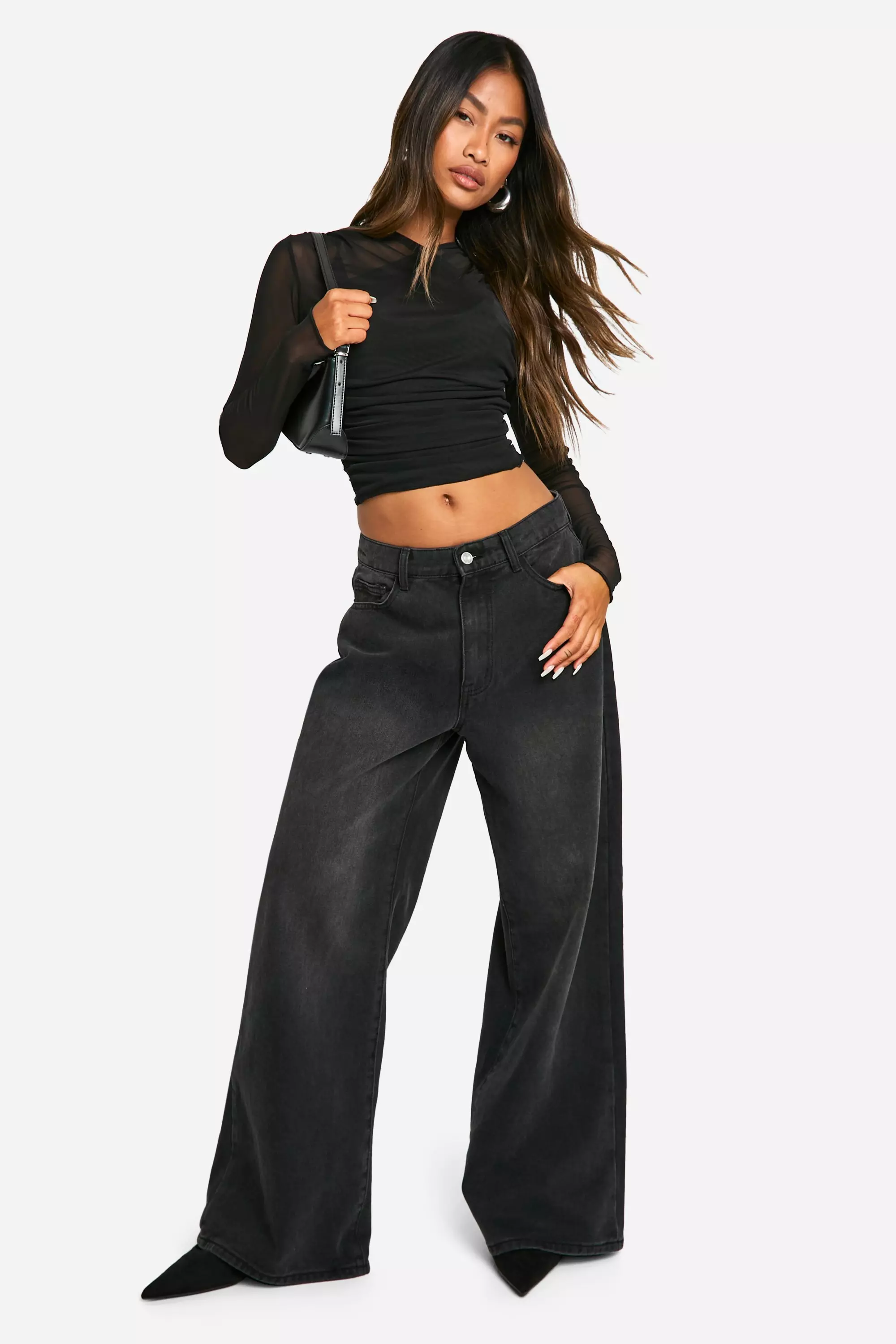 Black Mesh Wrap Front Long Sleeve Top صورة بديلة