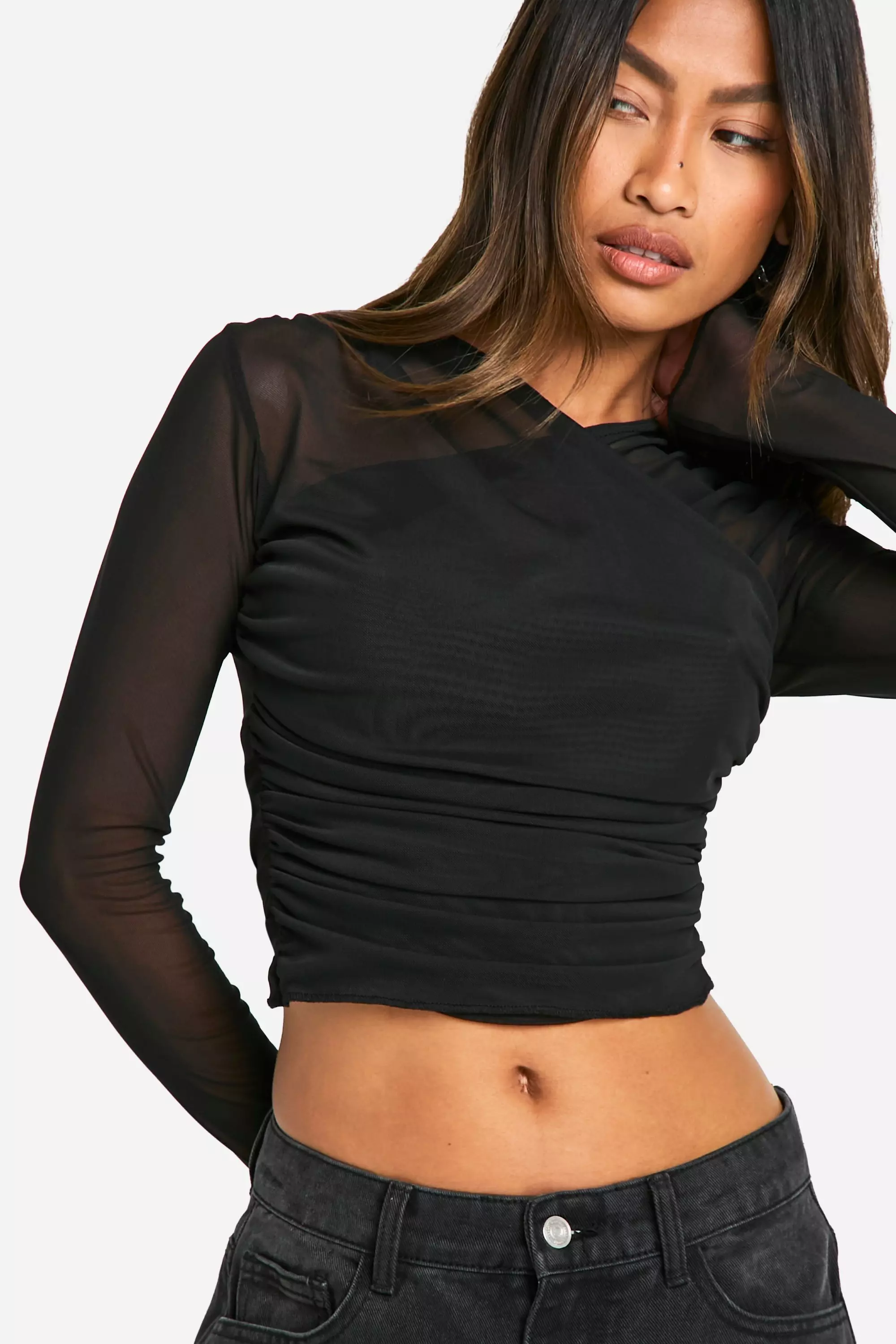 Black Mesh Wrap Front Long Sleeve Top صورة بديلة