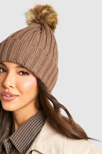 Ribbed Knit Beanie With Large Faux Fur Pom mocha