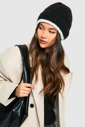 Contrast Fluffy Knitted Beanie black