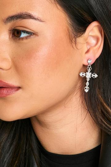 Oversized Diamante Cross Earrings silver