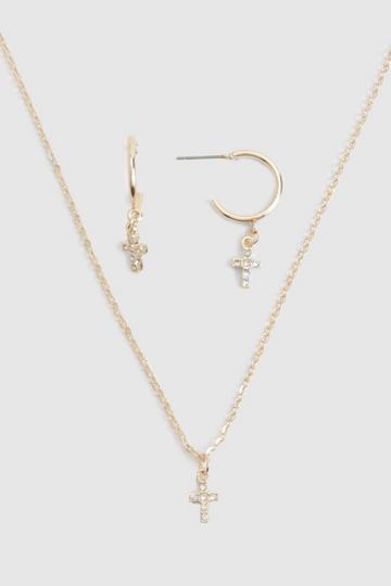 Mini Rhinestone Cross Necklace And Earring Set gold