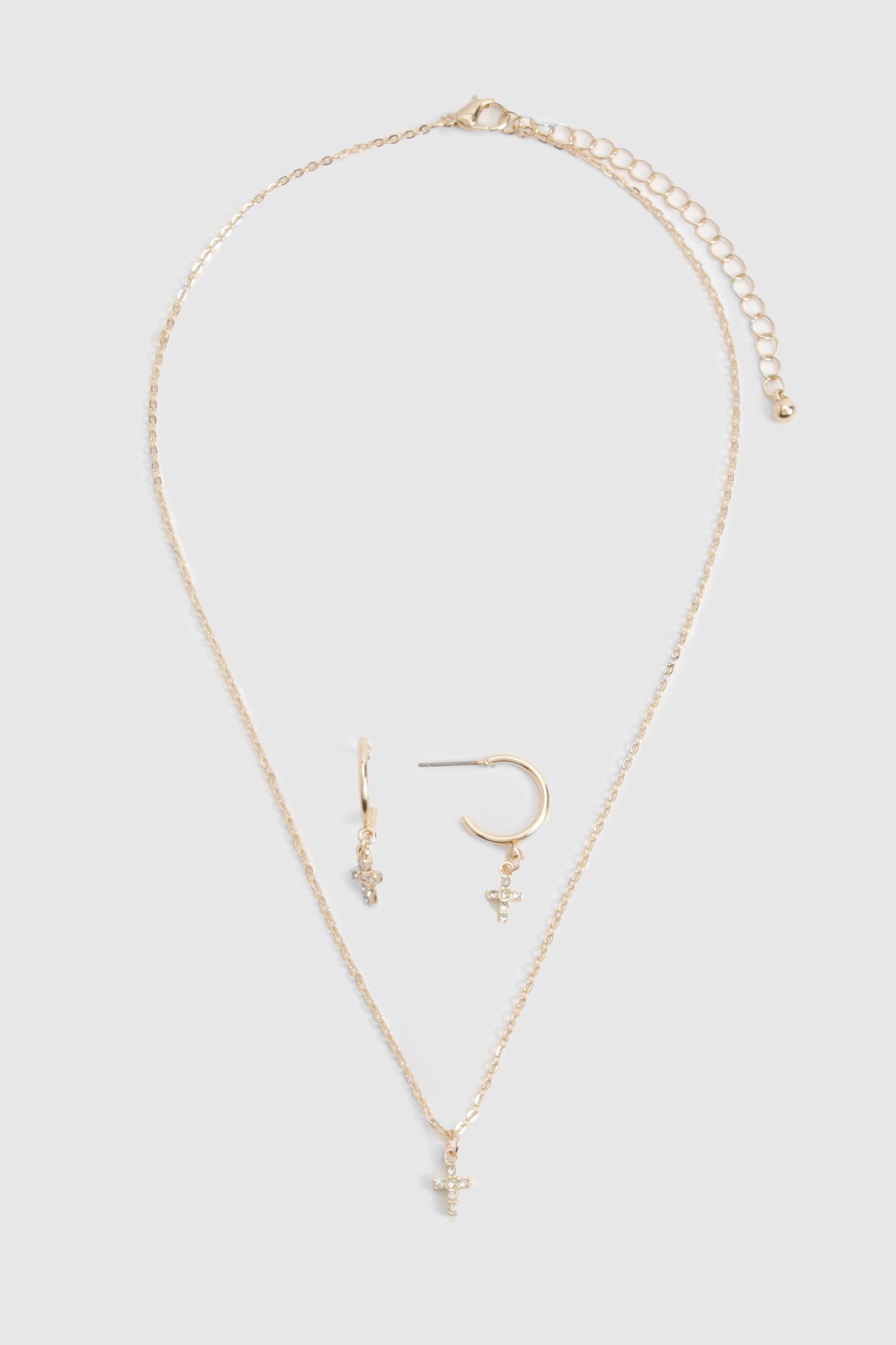 Mini Diamante Cross Necklace and Earring Set boohoo