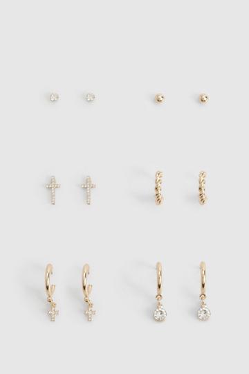 Diamante Cross Earring 6 Pack gold