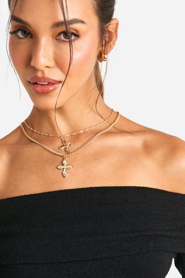 Chunky Cross Double Layered Statement Necklace gold