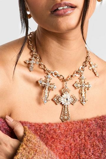 Diamante Large Cross Statement Necklace gold