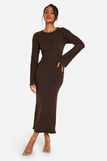 Brushed Rib Twist Back Midi Dress chocolate