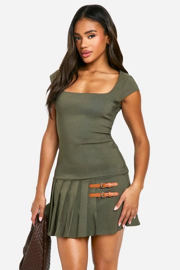 Bengaline Pleated Square Neck Mini Dress khaki