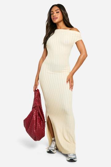 Cream White Wide Rib Asymmetric Maxi Dress