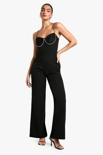 Diamante Trim Wide Leg Jumpsuit black