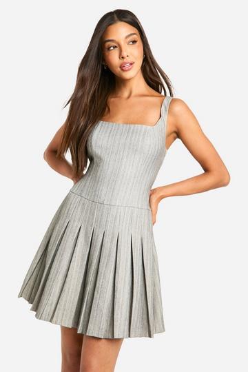 Grey Pinstripe Pleated Mini Dress