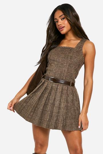 Check Wool Pleated Mini Dress brown