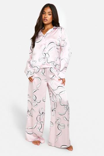 Pink Petite Bow Print Satin Trouser Pj Set