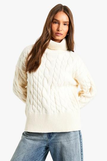 Cable Knitted Roll Neck Jumper cream